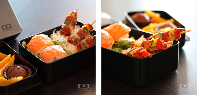 Recette pour bentos : sushis et brochettes de légume.