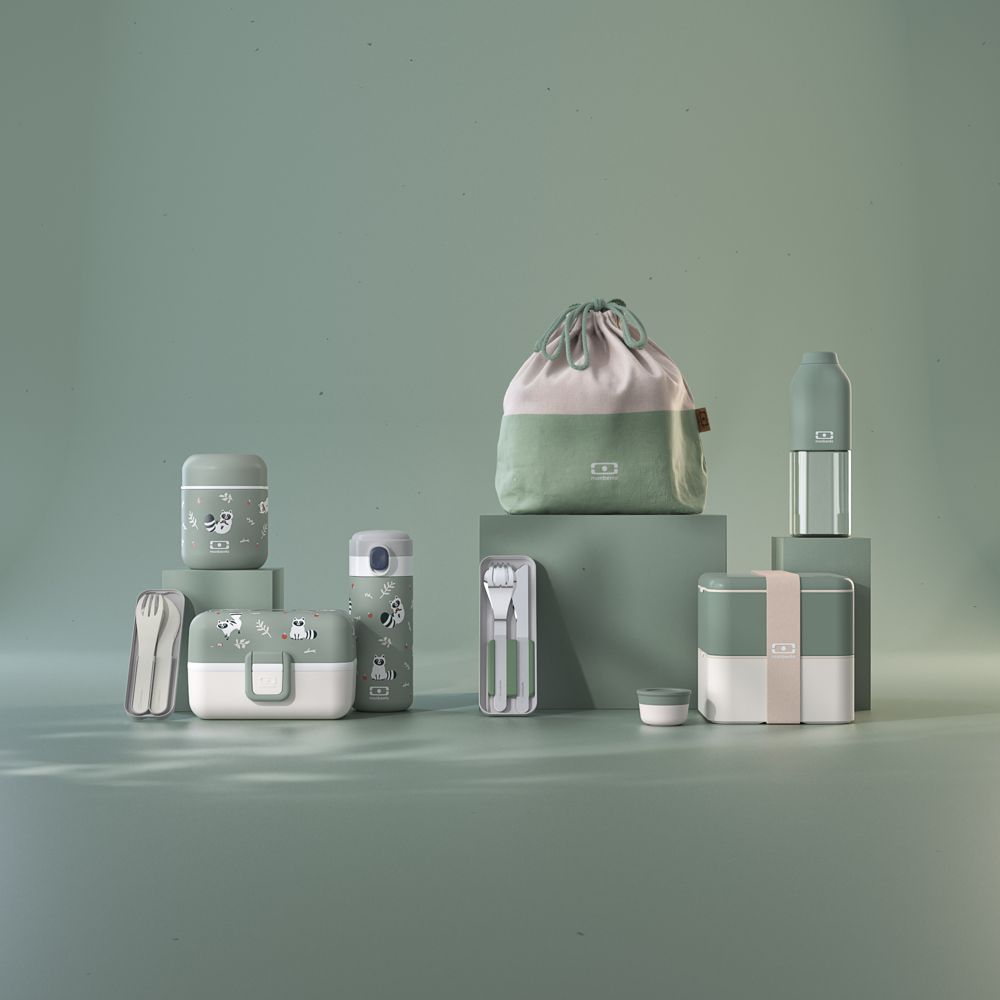 Collection monbento vert sauge : lunch box, gourdes, couverts et sac repas